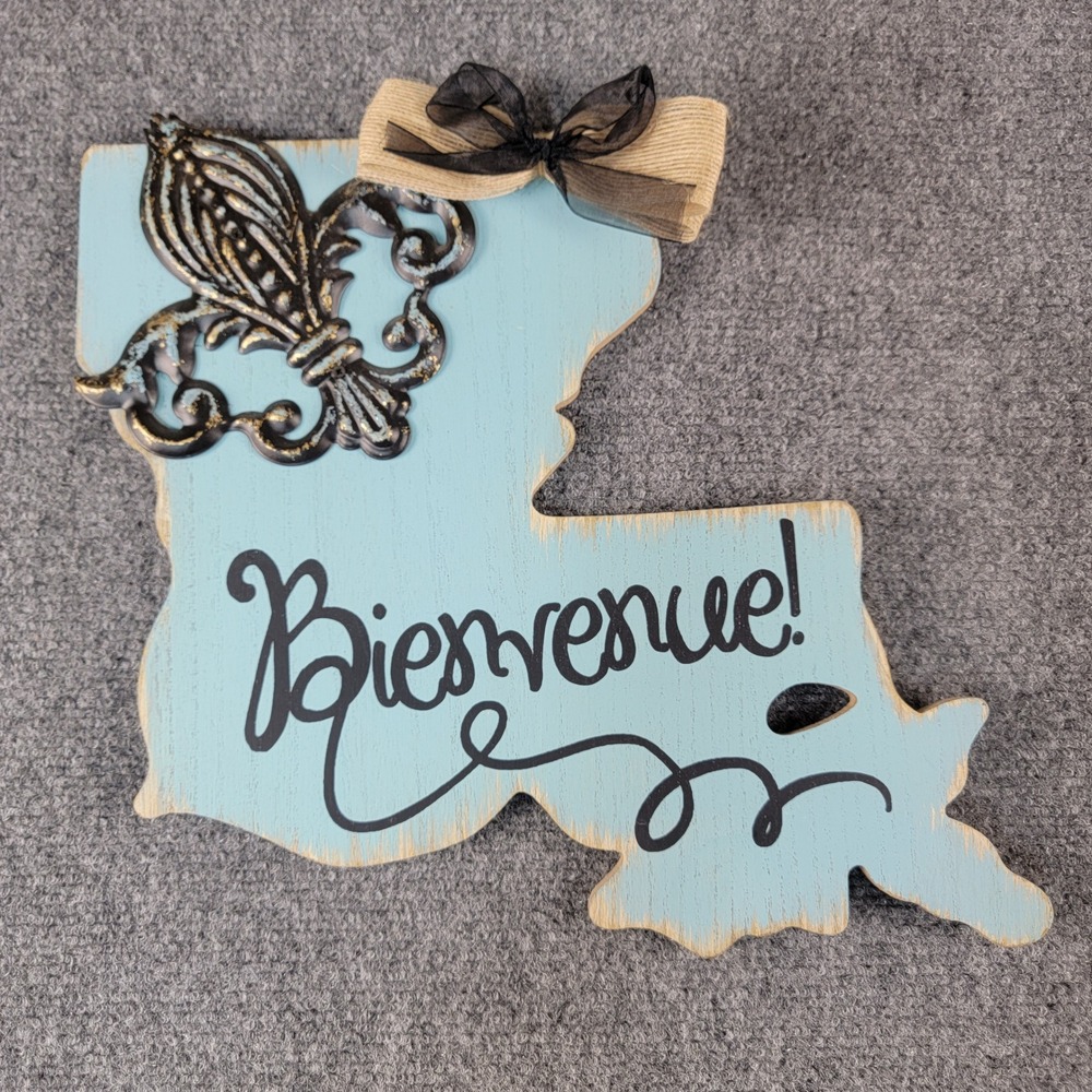 Louisiana State Blue Wooden Wall Decor Sign Cutout Fleur De Lis Bow 13"x12" Cute
